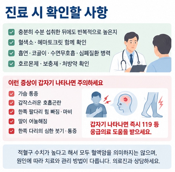 적혈구 수치가 반복적으로 높을 때 재검 복용약 확인 진료와 응급 혈전 증상을 정리한 이미지