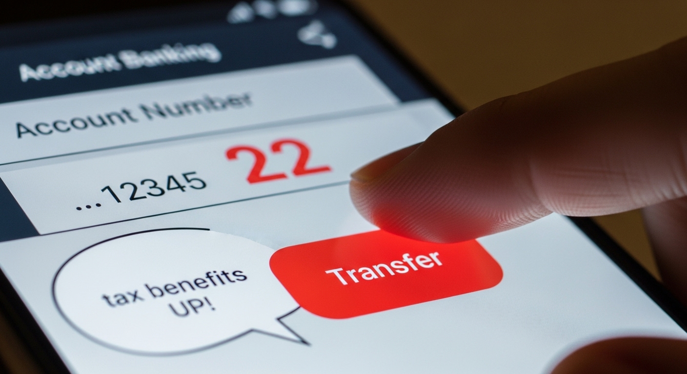 스마트폰 뱅킹 앱에서 연금저축 계좌번호 뒤에 '22'를 입력하고 이체 버튼을 누르는 손가락과 '세금 혜택 UP!' 문구