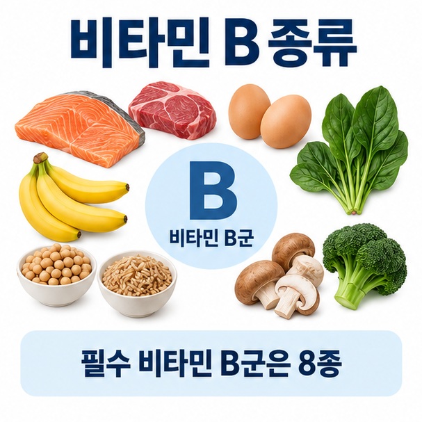 비타민 B 종류라는 제목과 B1 B2 B3 B5 B6 B7 B9 B12을 원형 아이콘으로 정리하고 곡물 채소 육류 달걀을 함께 표현한 대표 이미지