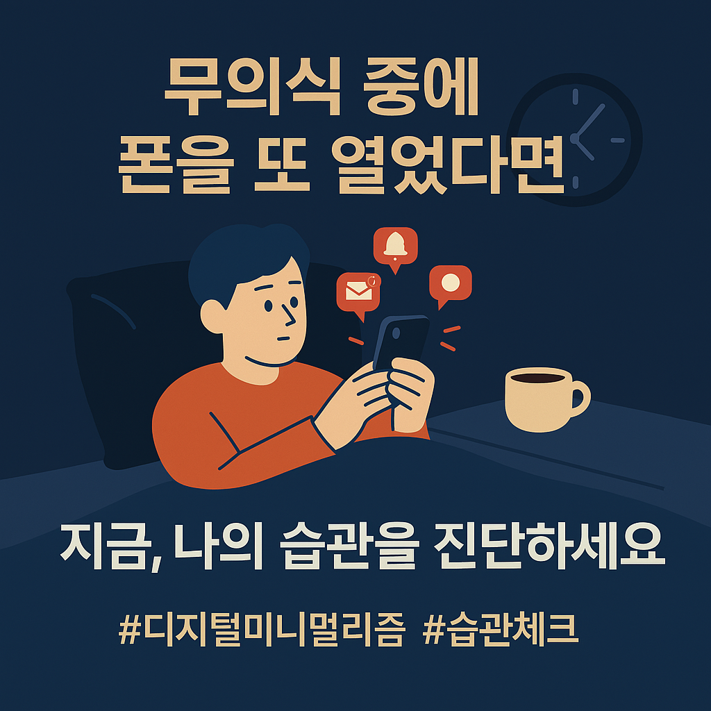 무의식 중에 폰을 열어보는 사람과 스마트폰 습관 체크를 표현한 이미지