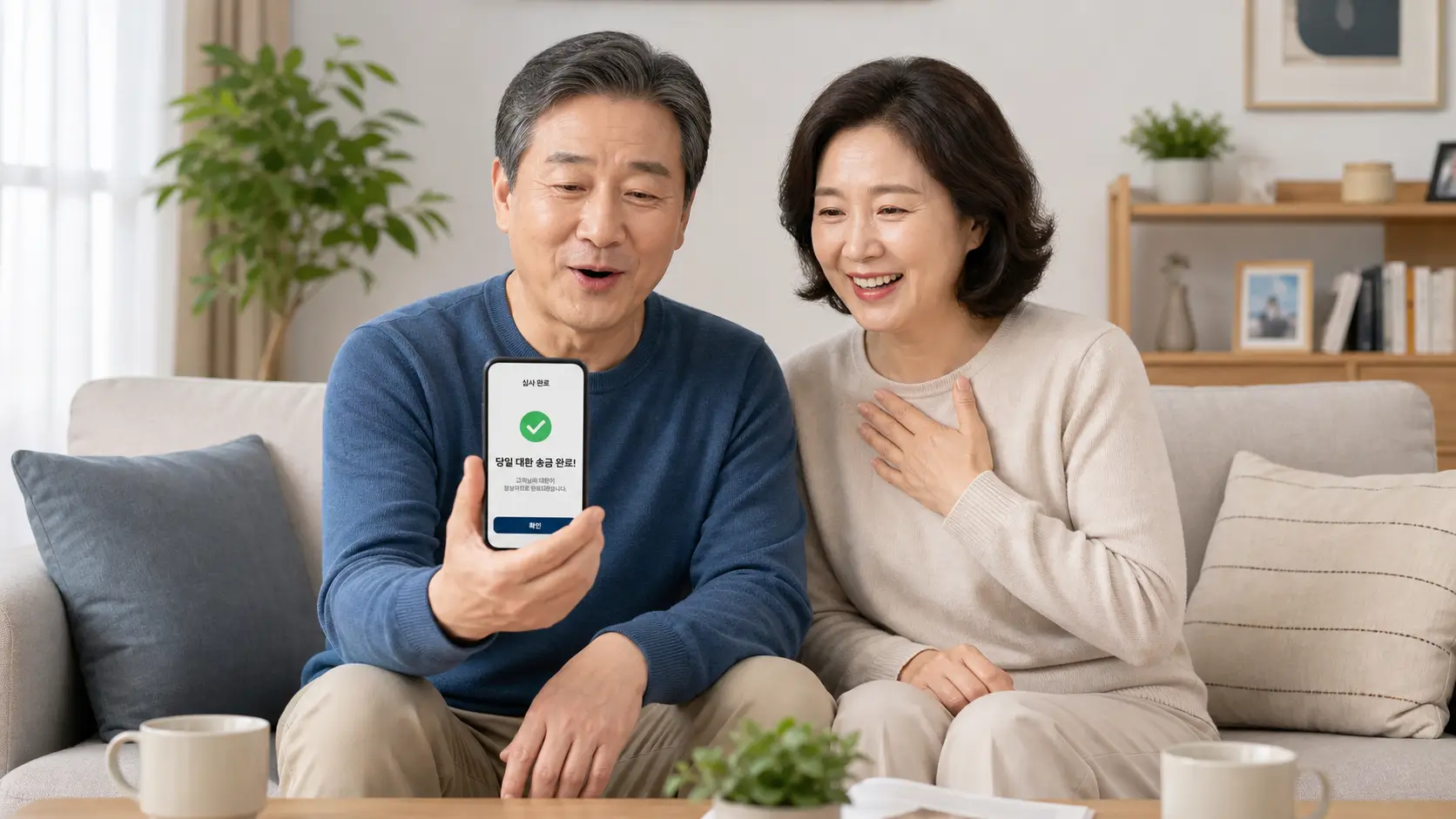 한국의 거실 소파에 앉아 비대면 스마트폰 심사로 당일 대환 송금 완료 메시지를 확인하고 깊은 안도의 한숨을 내쉬는 50대 부부의 모습