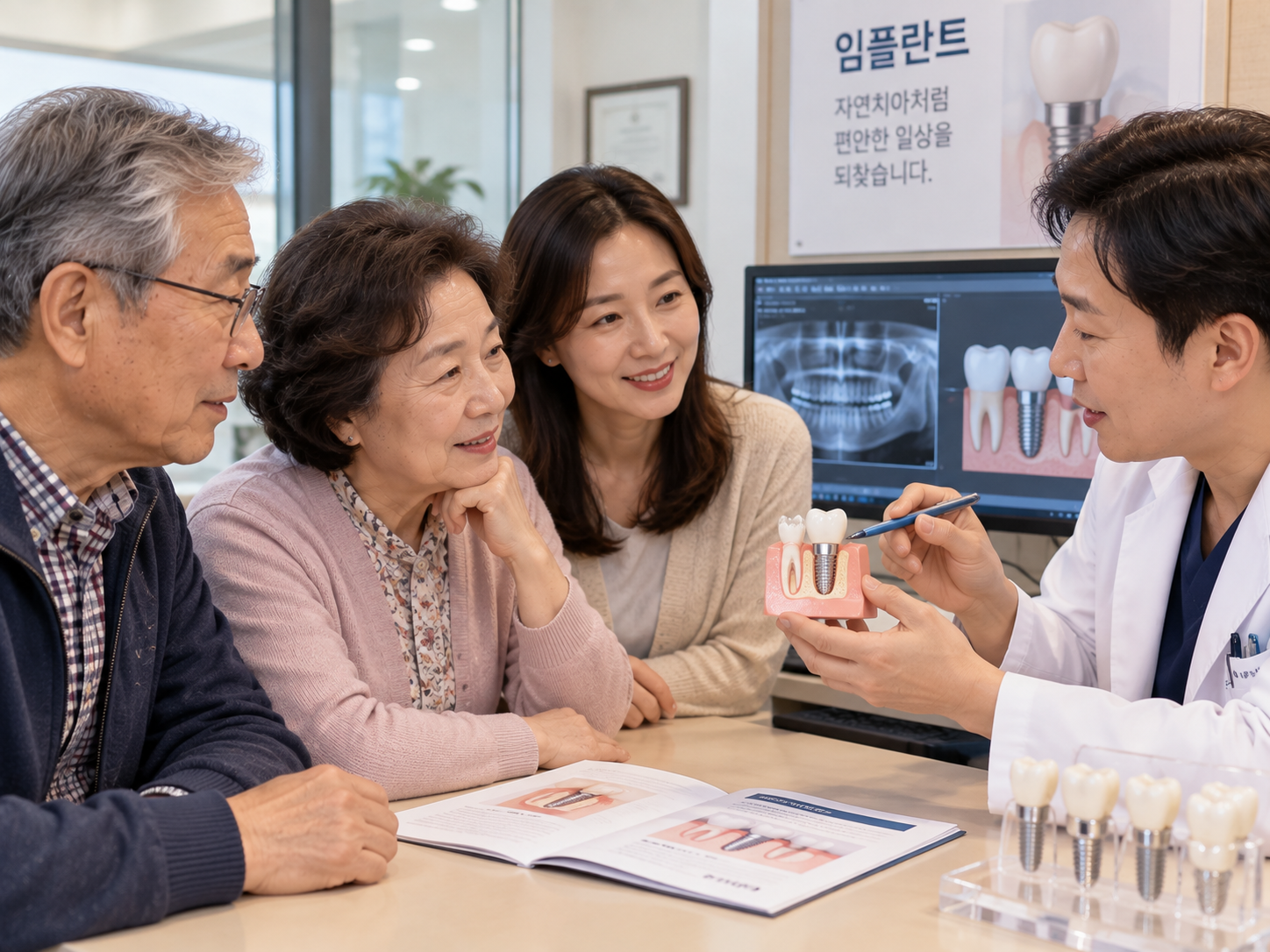 치과에서 임플란트 상담을 받고 있는 60대 부모님과 함께 설명을 듣는 성인 자녀의 이미지