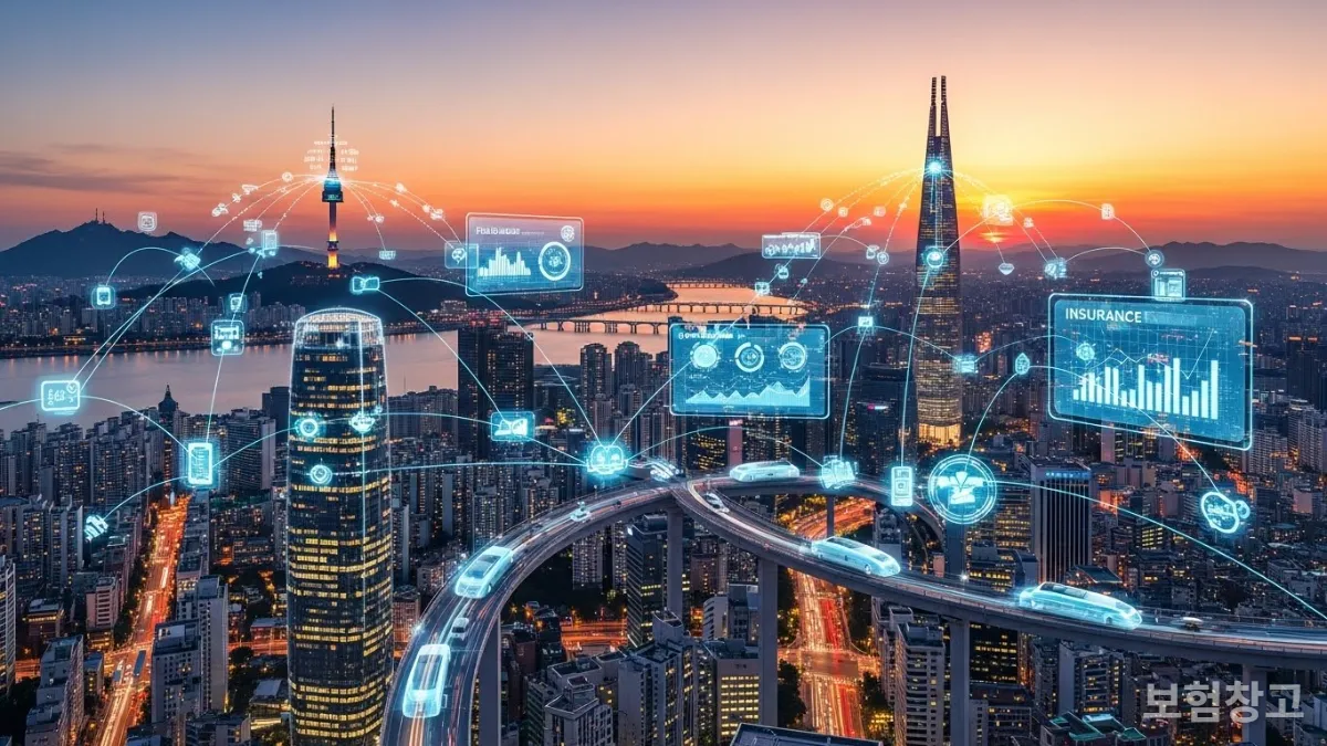 2026년 이후 AI 보험의 미래를 보여주는 서울의 미래 도시 풍경