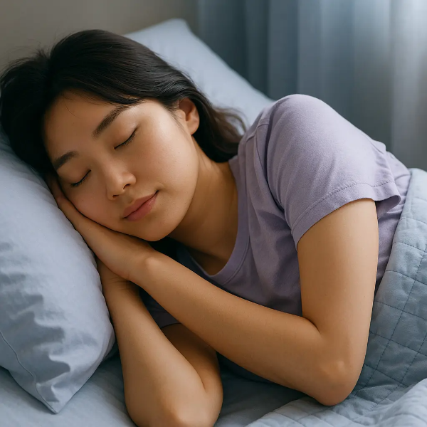편안하게 잠들어 있는 동양인 여성, 자연광이 들어오는 침실에서 평화로운 수면 모습