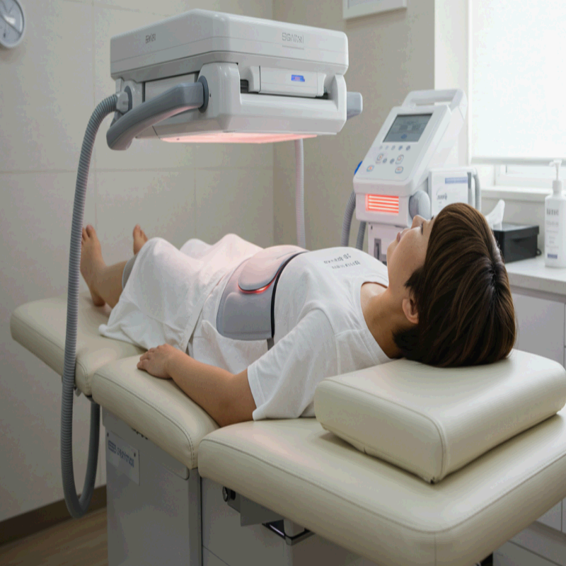 병원 치료실에서 환자가 온열 치료 기계에 누워 복부에 의료 장비를 착용한 채 치료를 받고 있는 장면입니다. 온열 요법(thermotherapy)은 체온을 국소적으로 또는 전신적으로 올려 암세포를 억제하거나 면역력을 강화하는 데 활용되는 보완적 치료법입니다. 기계에서 붉은 빛이 나와 환자의 복부를 집중적으로 비추고 있으며, 환자는 편안한 자세로 누워 있습니다.