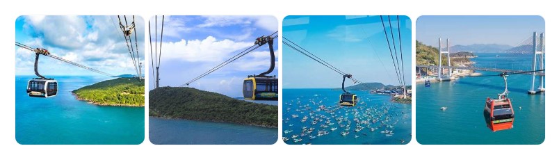 푸꾸옥 혼똔섬을 연결하는 해상 케이블카와 푸른 바다, 섬 전경