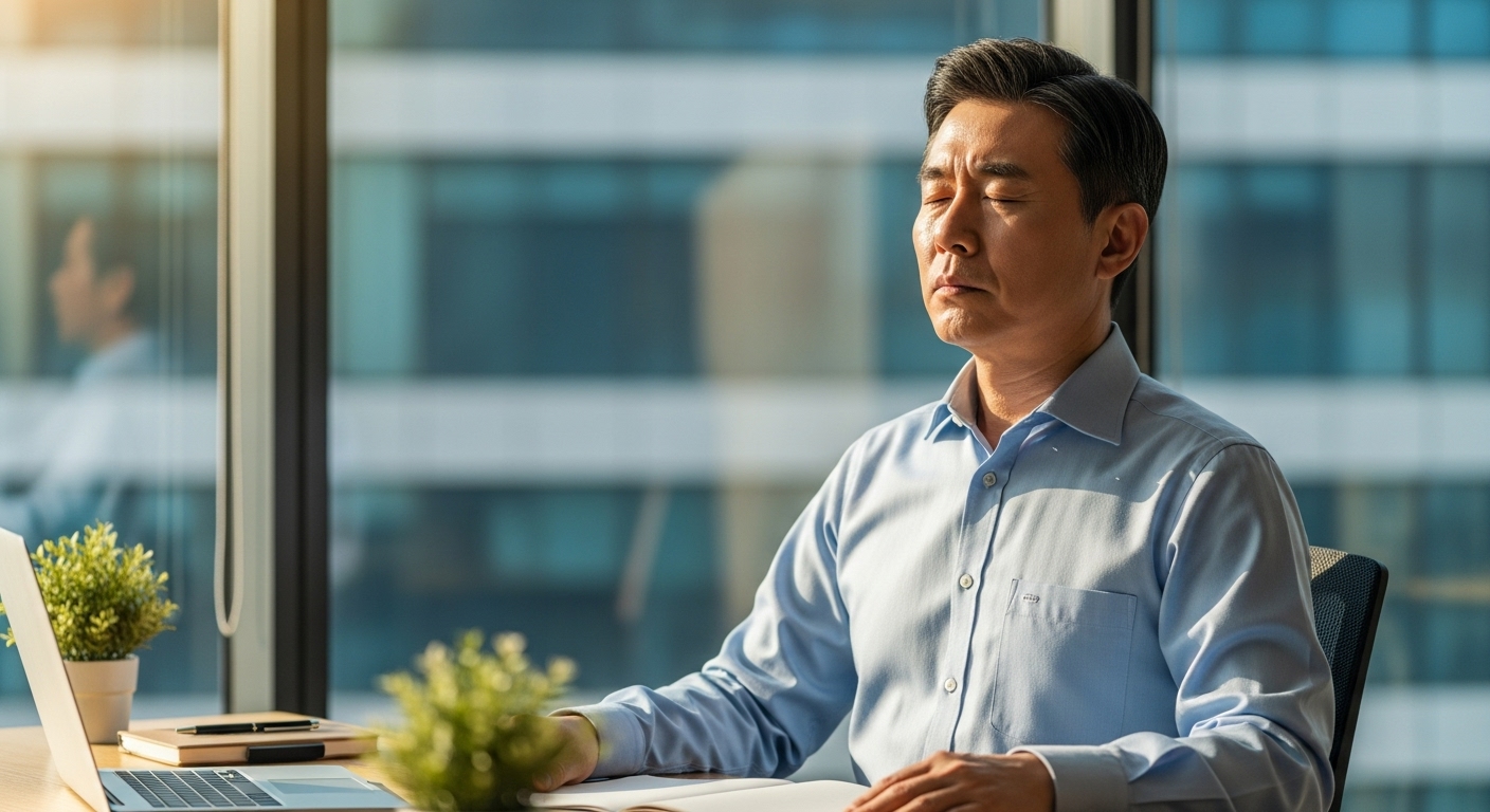 사무실에서 호흡 이완을 실천하는 50대 한국인 남성
