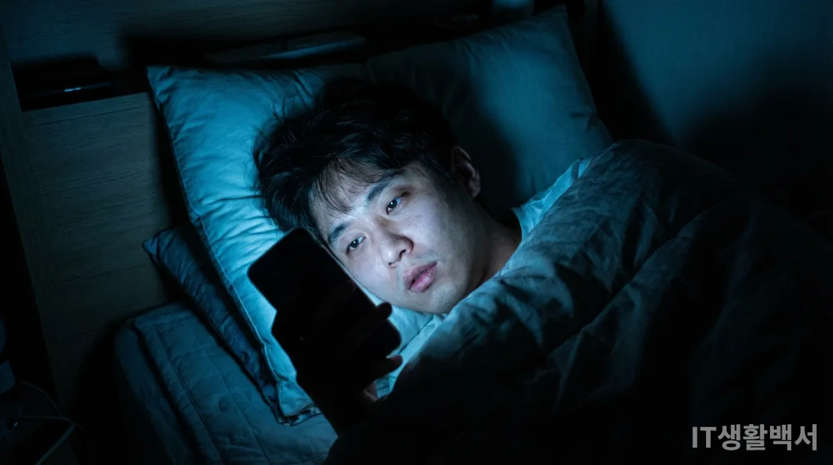 어두운 방에서 잠들기 전 스마트폰을 보고 있는 한국 남성