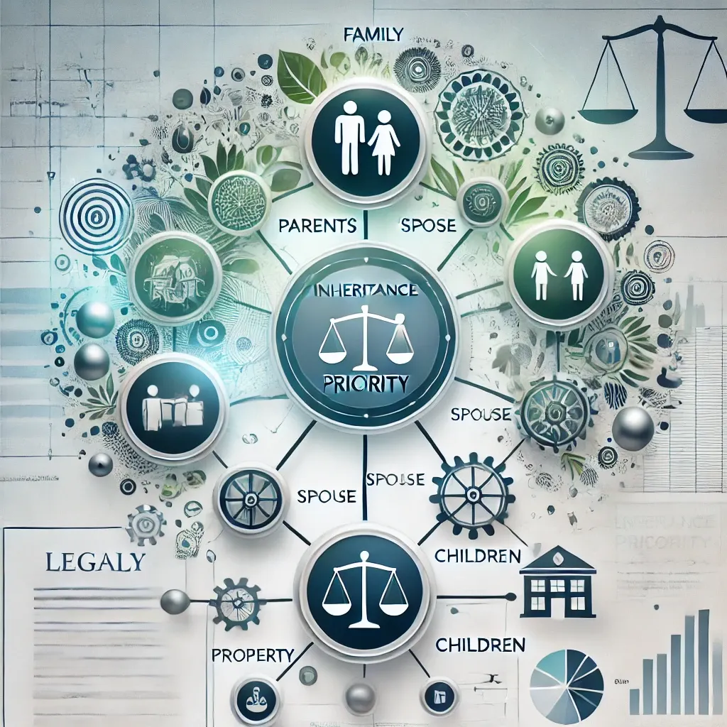 상속 우선순위를 나타내는 원형 구조와 자산 아이콘&amp;#44; 법적 배경 포함