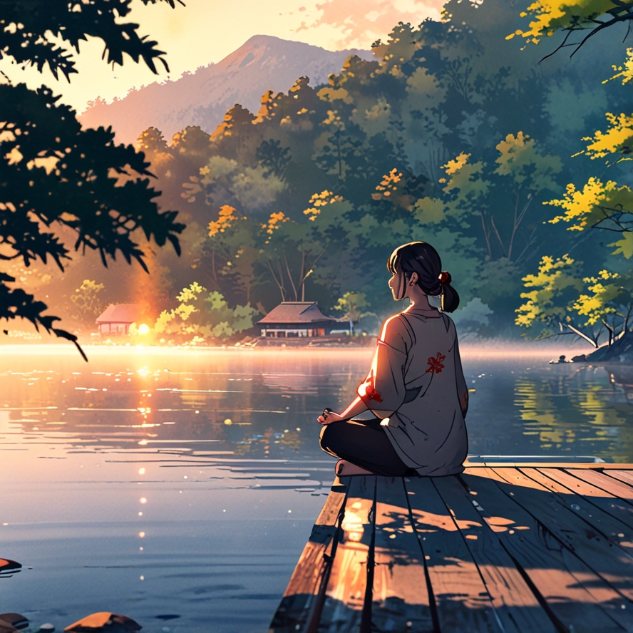 "고요한 호숫가에서 아침 햇살을 받으며 명상하는 한국인 여성. 자연 속에서 마음을 다스리며 깊은 휴식을 취하는 장면. 마음챙김, 스트레스 해소, 정신 건강, 힐링 효과가 강조된 명상 이미지. 조용한 환경에서 명상의 효과를 극대화할 수 있는 순간."