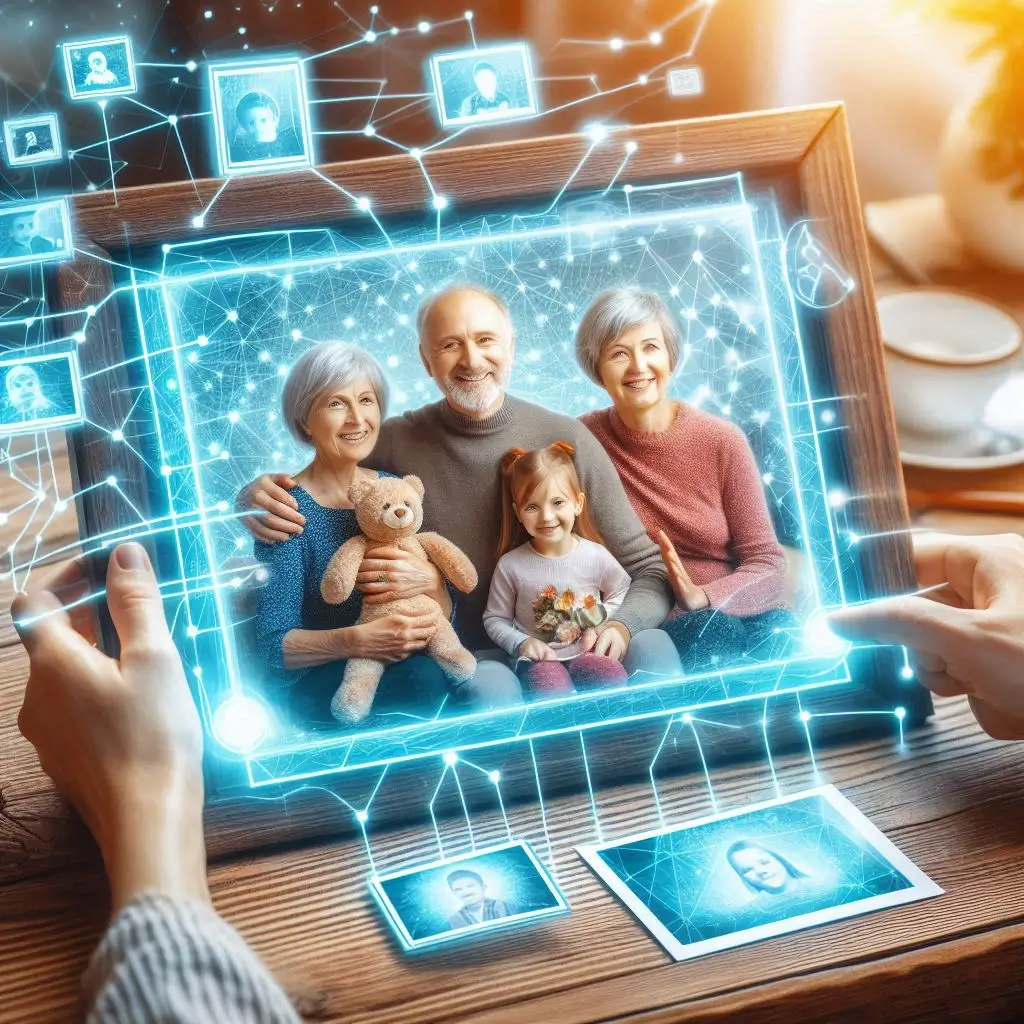 디지털 액자 속에 담긴 빛바랜 가족사진이 블록체인 네트워크를 통해 현대적인 모습으로 변화하는 사진