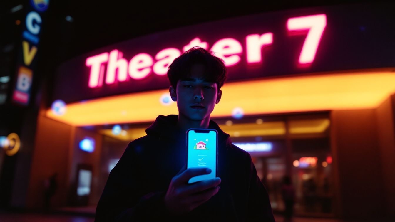 A young Korean man standing in front of a CGV theater, holding a smartphone showing a youth loan application screen. Surrounded by housing, money, and checklist icons. Represents youth financial stress and loan guidance. Cinematic lighting, infographic style.