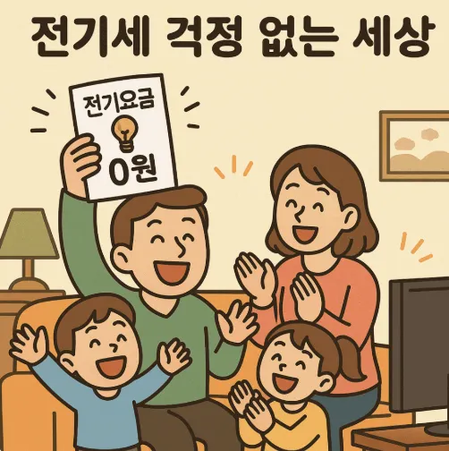 '전기세 걱정 없는 세상'이라는 문구가 강조된 풍자 일러스트 이미지. 가족이 전기요금 0원이 적힌 고지서를 들고 기뻐하는 장면을 묘사하며, 초전도체 상용화가 가져올 미래 혜택을 유쾌하게 표현함 (superconductor, zero resistance, electricity-free future)