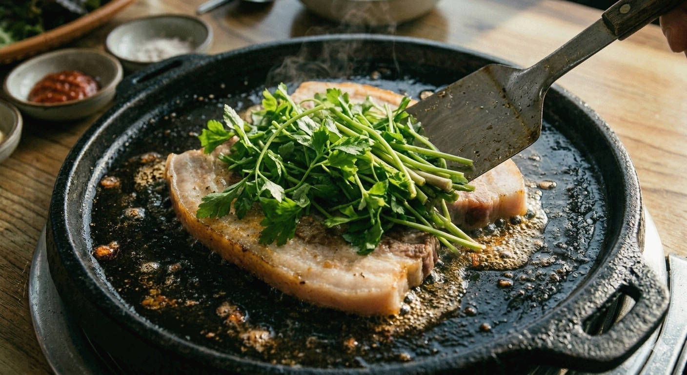 잘 익은 삼겹살 기름에 신선한 미나리를 추가하여 살짝 볶는 조리 과정