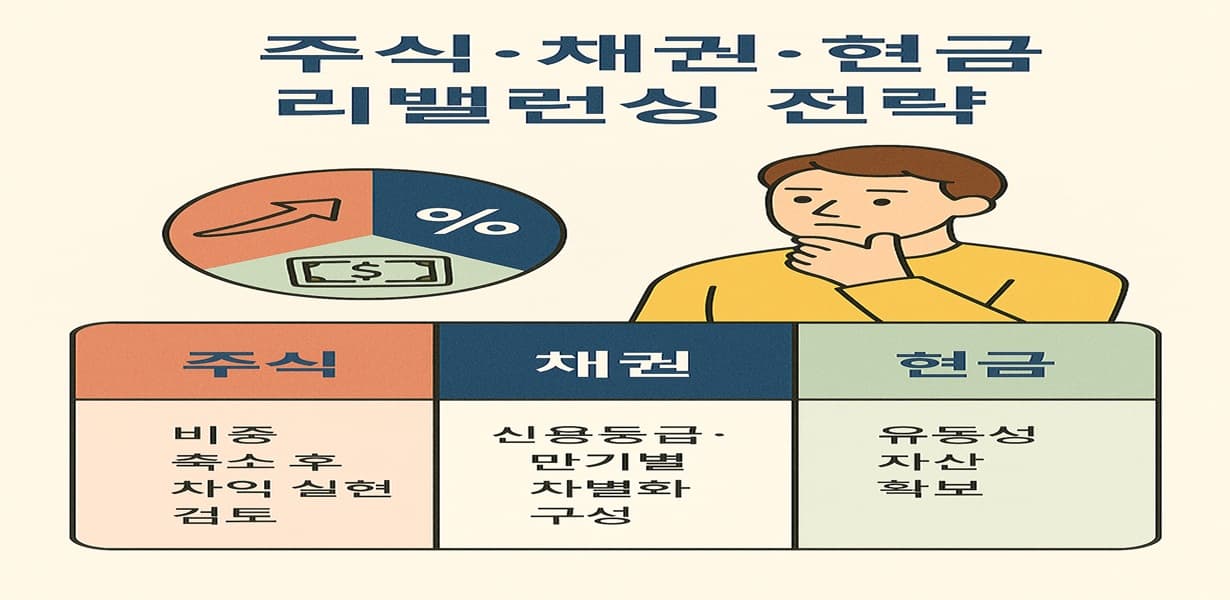 주식, 채권, 현금 각각의 리밸런싱 전략을 비교한 인포그래픽 표