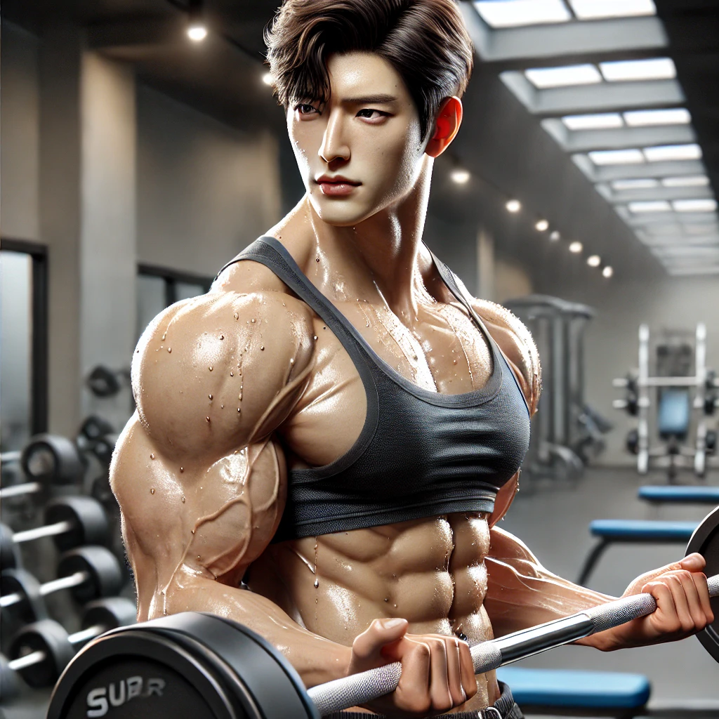 바벨컬을 하는 근육질의 한국 남성, 헬스장에서 운동하는 남자, 집중하는 표정의 웨이트 트레이닝, 역동적인 피트니스 이미지