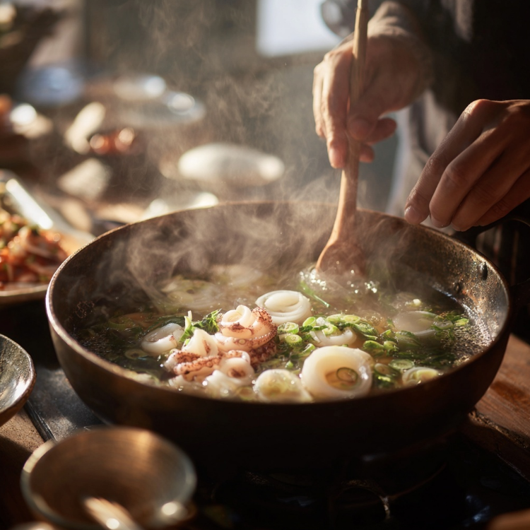 오징어무국을 끓여 내는 남성