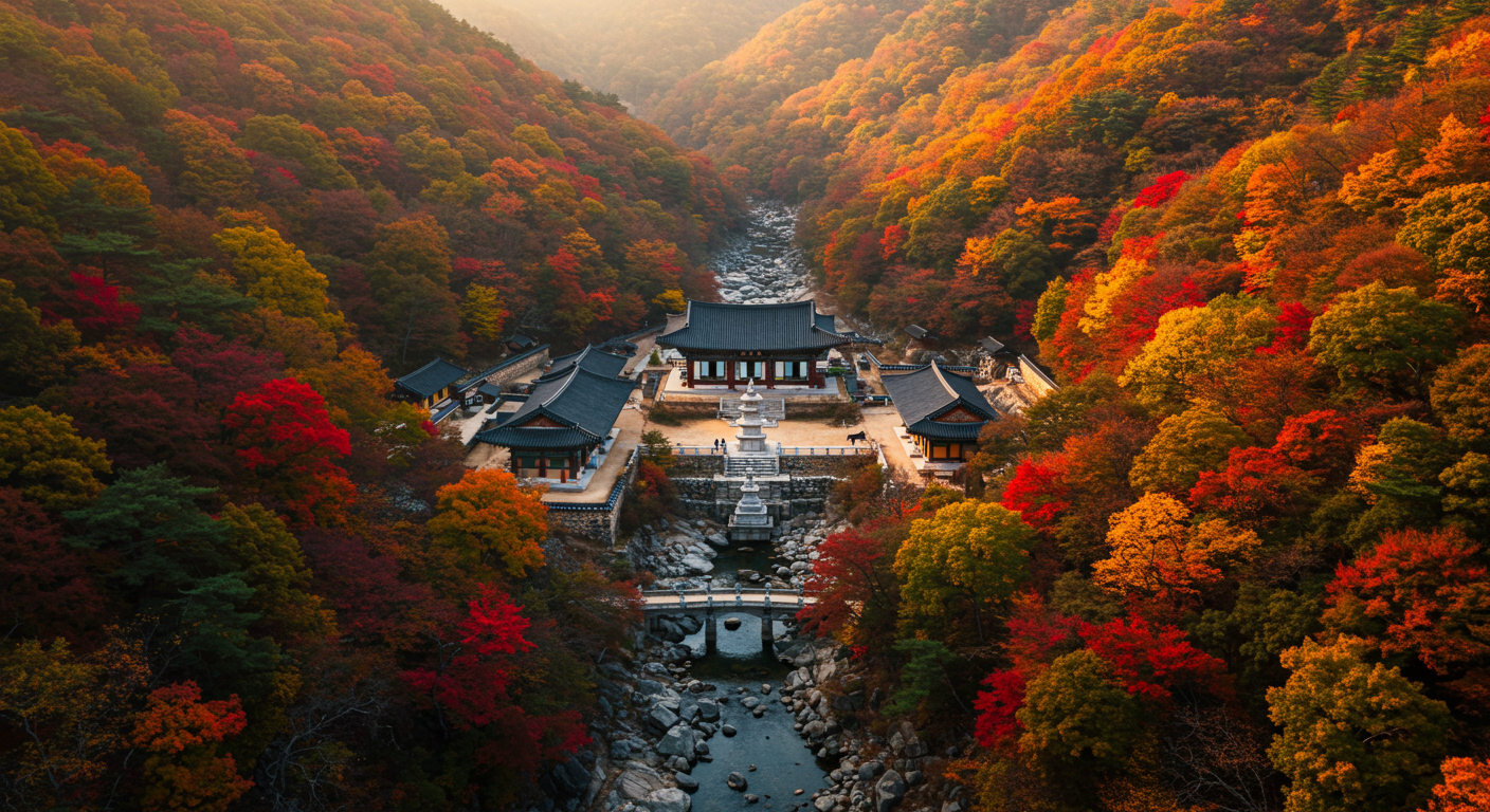 설악산 백담사의 가을 단풍과 사찰이 어우러진 항공 전경