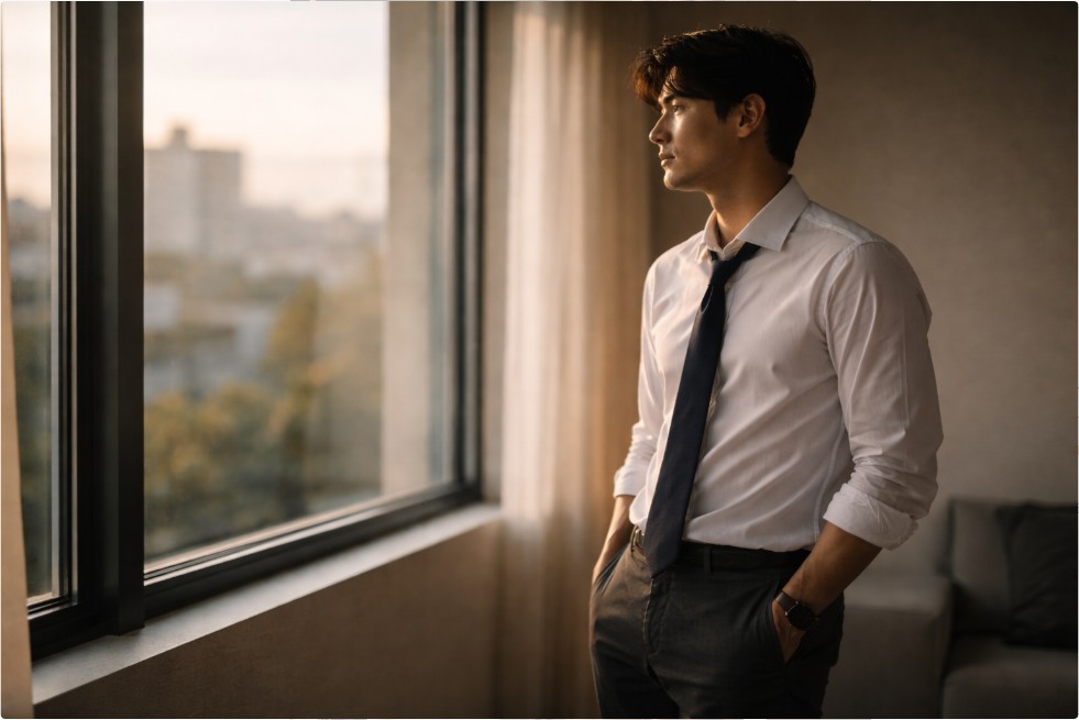 아침 햇살이 들어오는 창가에서 차분히 밖을 바라보는 한국인 남성