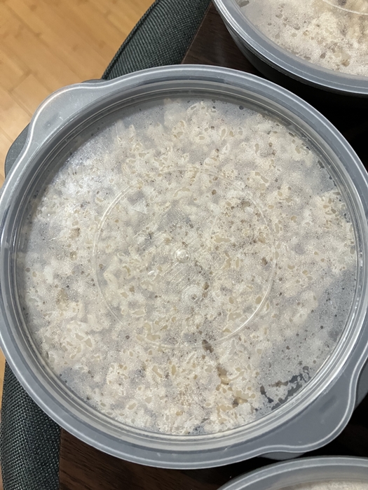 뚜껑을 덮은 상태로 냉동 보관된 현미밥 소분 용기