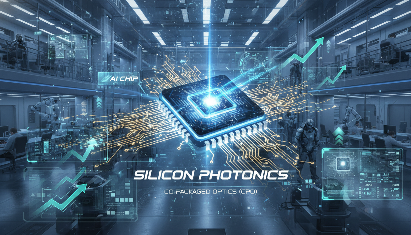 2026년 AI 반도체 혁신을 이끌 실리콘 포토닉스 통신 칩의 빛나는 하이테크 그래픽