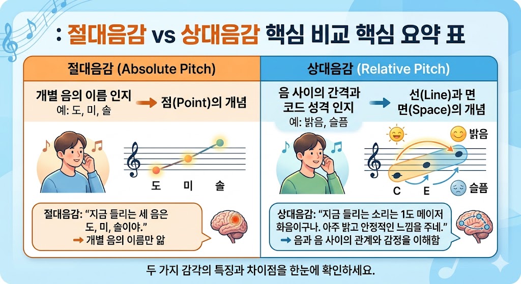 절대음감과 상대음감의 특징 및 차이점 비교 인포그래픽 표