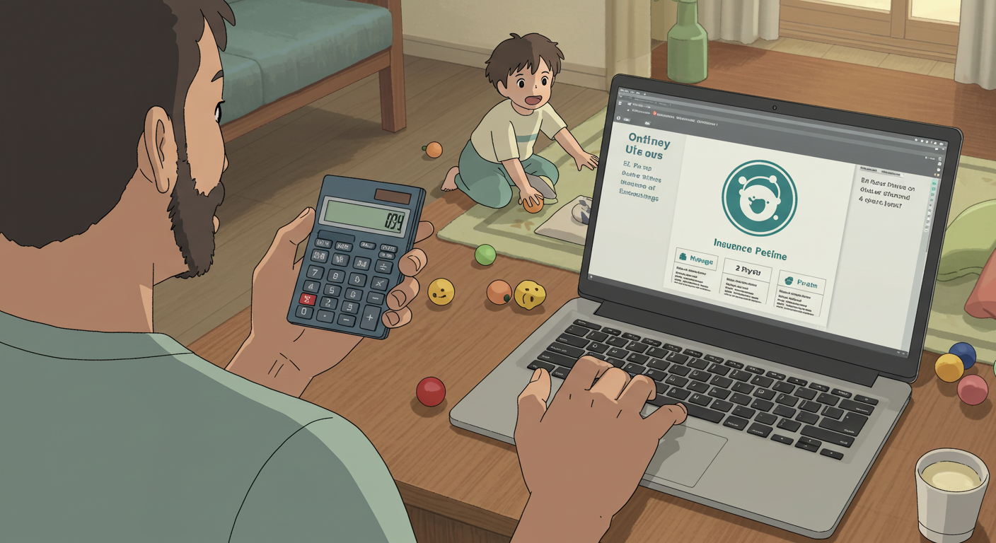 보험료를 계산하는 아빠와 옆에서 노는 아이