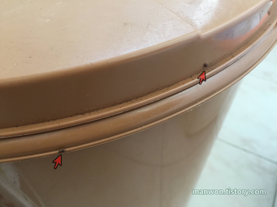 쌀통 뚜껑 틈으로 들어가려는 쌀벌레들