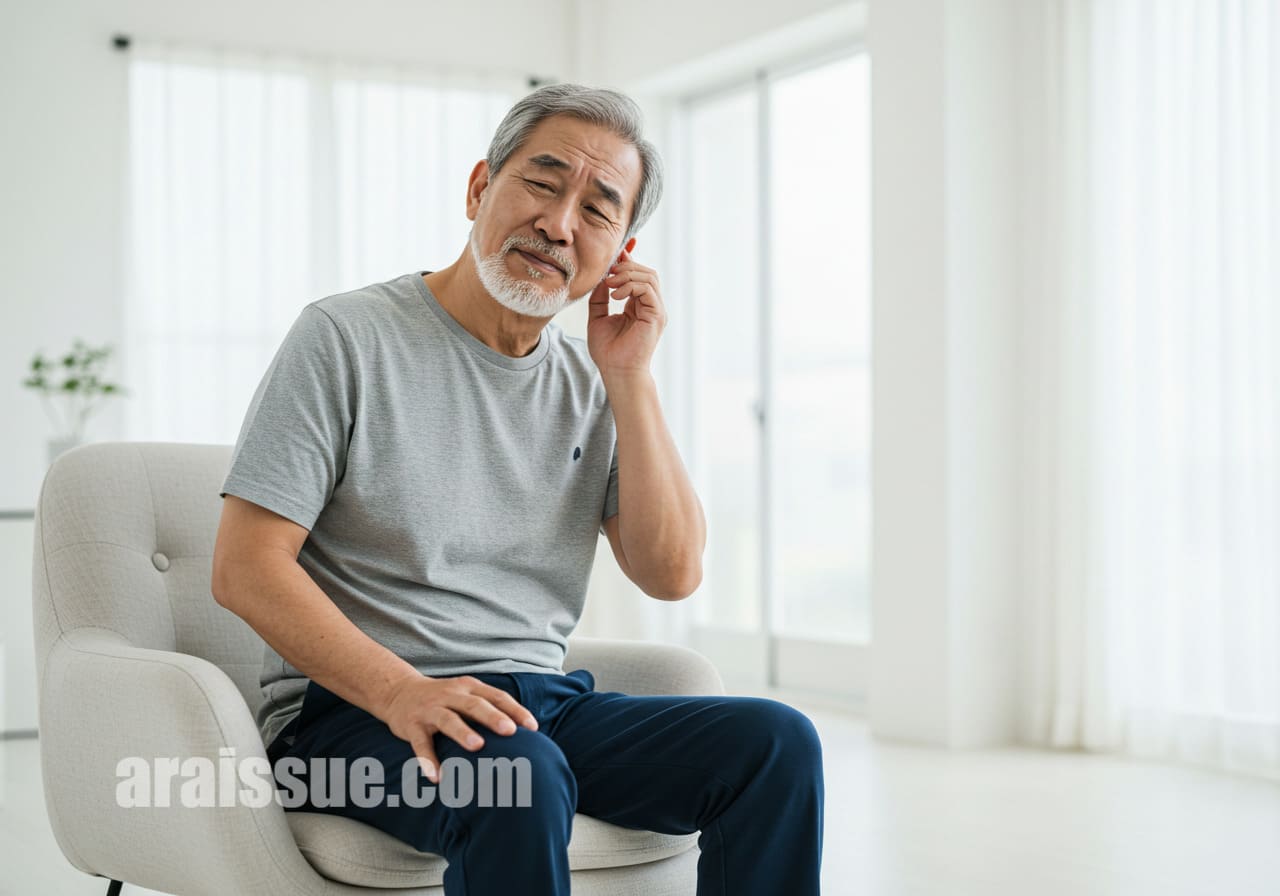 60대 한국 남성이 귀를 만지며 불편한 표정을 짓고 있다. 밝은 실내 공간에서 보청기 착용 초기에 나타날 수 있는 반응을 상징적으로 보여준다.