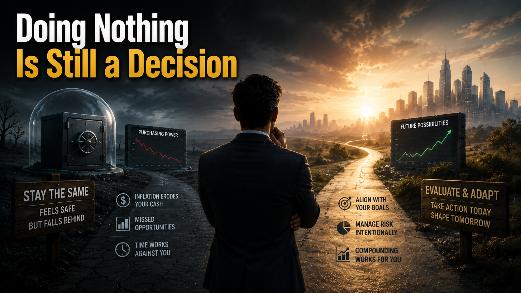 A businessman choosing between staying the same and adapting to changing market conditions, illustrating that inaction is also a decision.