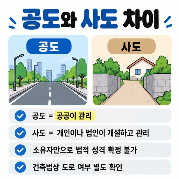 공도는 공공이 관리하는 도로이고 사도는 개인이나 법인이 개설·관리하는 도로라는 차이를 표로 정리한 카드