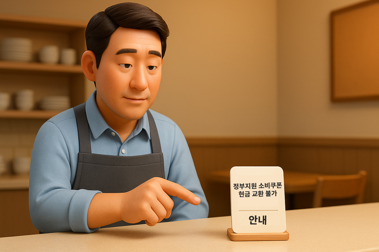 사장님이 손님에게 소비쿠폰 규정에 대해 정중하게 설명하는 모습