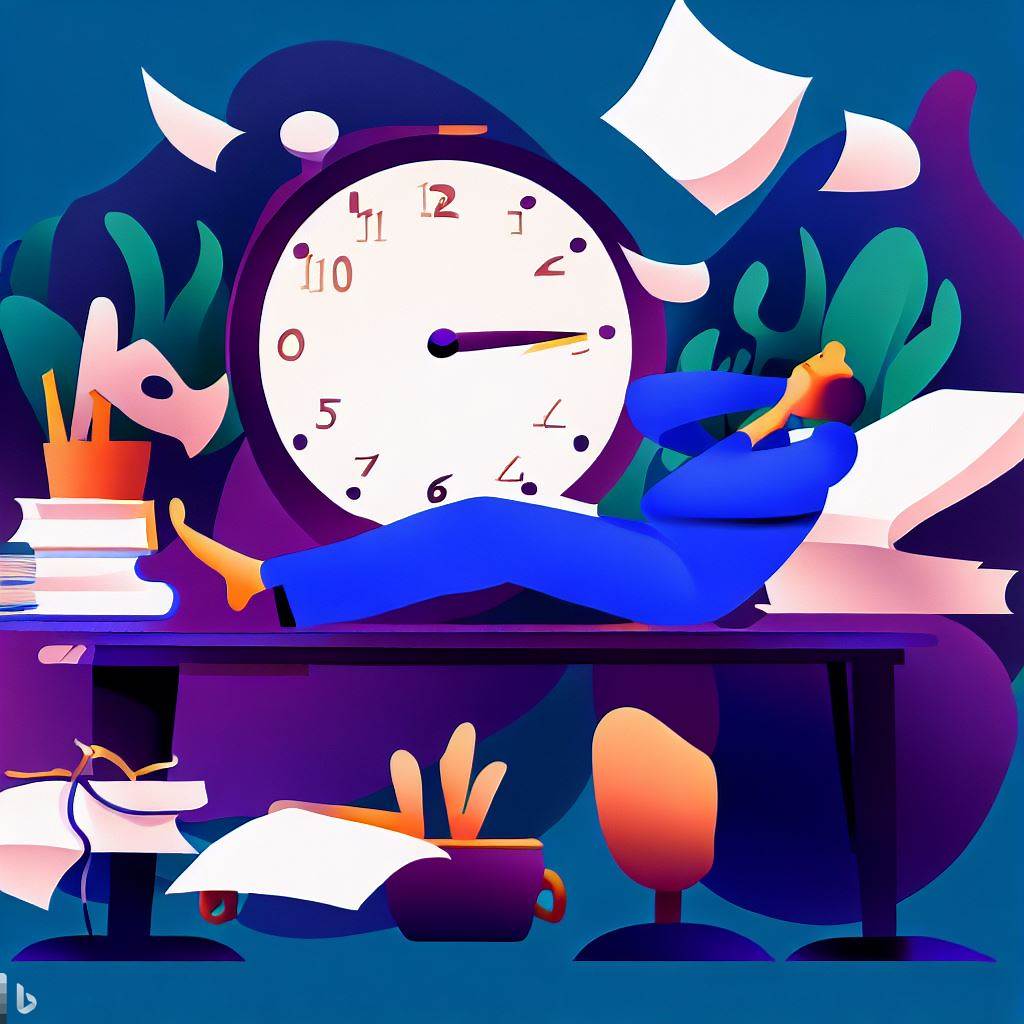 마지막까지 미루다 할 일에 치여 스트레스 받는 사람 (created by Dalle-E)