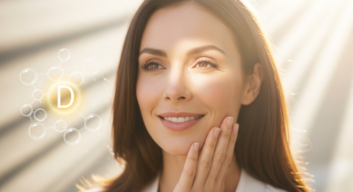 따뜻한 햇살 아래 건강하고 젊어 보이는 피부를 가진 여성의 얼굴, 비타민D의 피부 효능을 상징합니다.