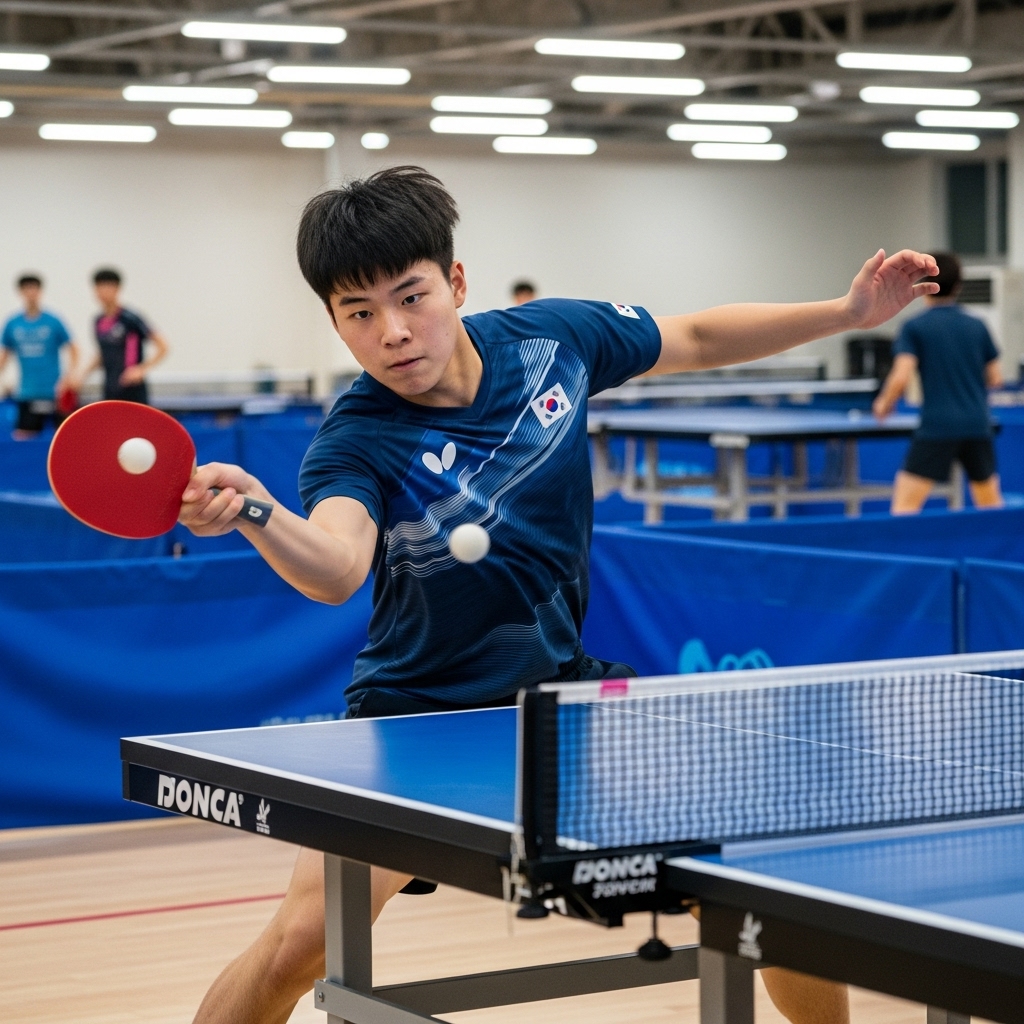 젊은 한국 탁구 선수가 훈련장에서 강력한 포어핸드 루프를 구사하는 역동적인 모습.