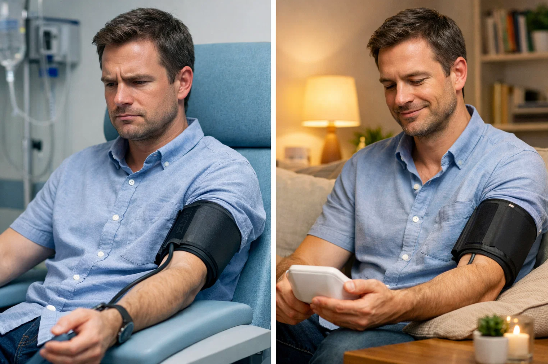 병원 혈압 측정과 집에서 가정혈압을 재는 상황을 비교한 이미지