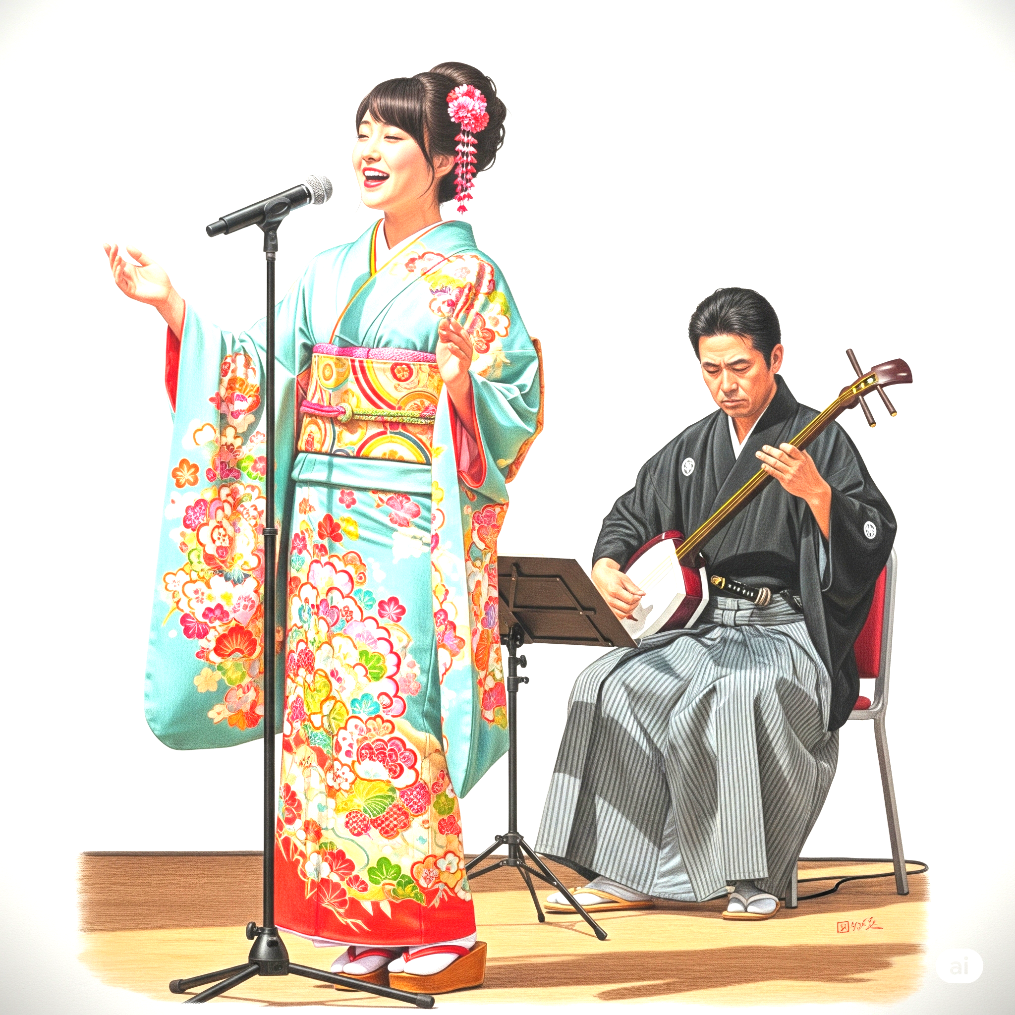 샤미센 반주에 맞춰 노래하는 여자 엔카 가수