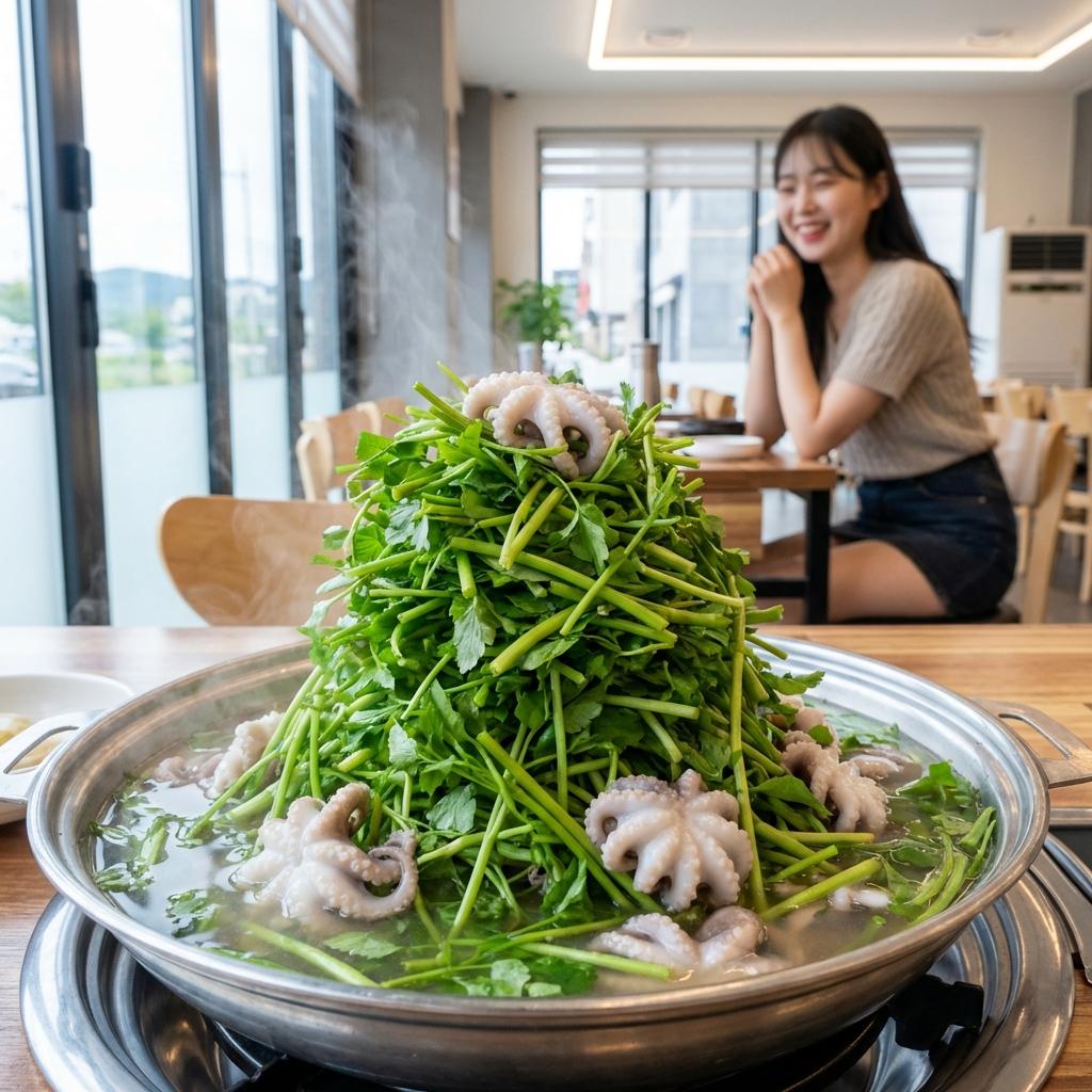 미나리 산더미로 주는 서천 주꾸미 샤브샤브 특징