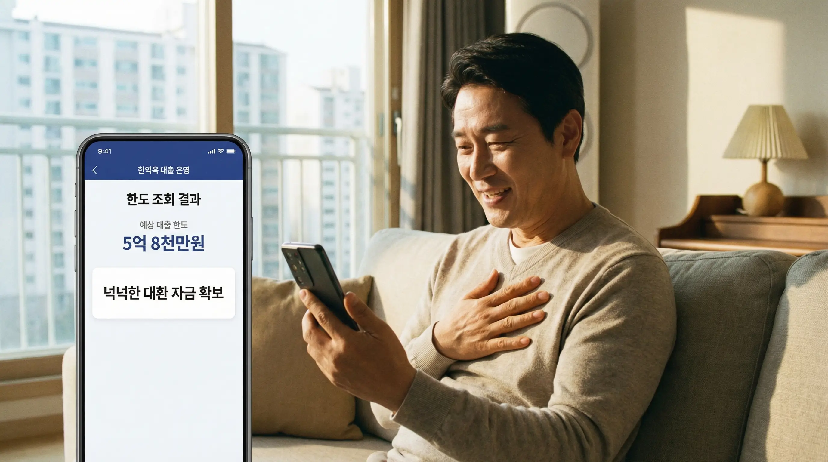 스마트폰 앱으로 사업자 아파트 담보 대출 한도를 조회하고 넉넉한 대환 자금을 확보하여 안도하는 모습