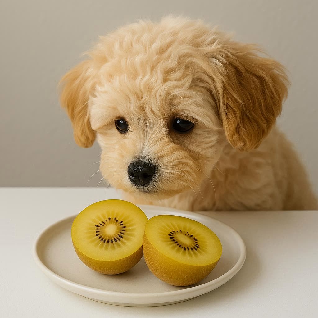 식탁-위-골드키위를-바라보고-있는-강아지