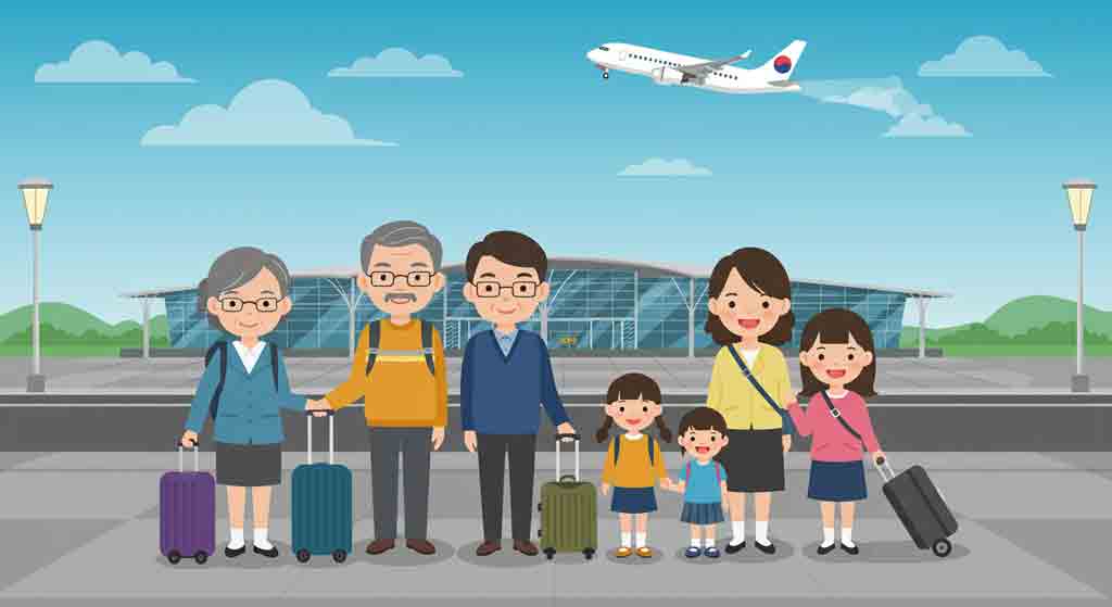 온가족이 해외여행을 떠나기 위해서 공항을 배경으로 기념촬영