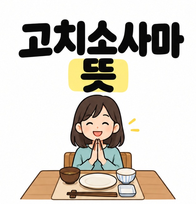고치소사마 뜻이라는 제목 아래 접시와 그릇이 놓인 식탁 앞에서 두 손을 모으고 웃는 사람의 대표 이미지