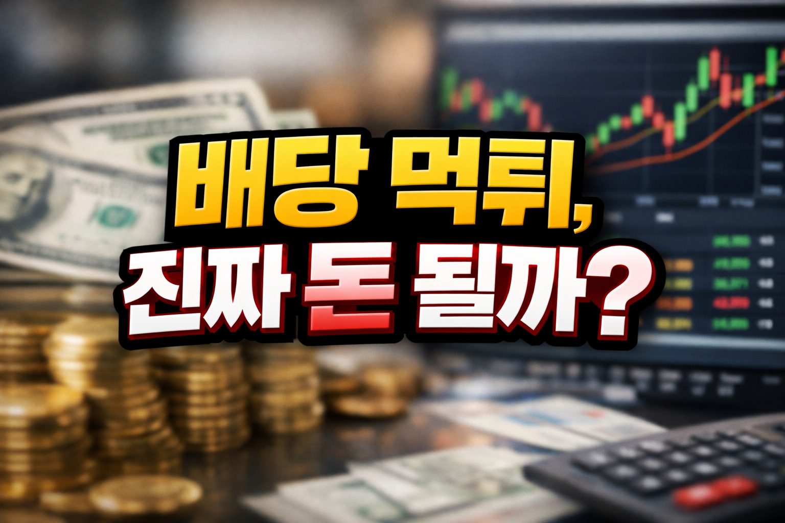 배당 투자 수익성 분석을 상징하는 이미지로, 달러 지폐와 동전, 주식 차트 화면을 배경으로 &ldquo;배당 먹튀, 진짜로 될까?&rdquo;라는 문구가 강조된 썸네일 이미지