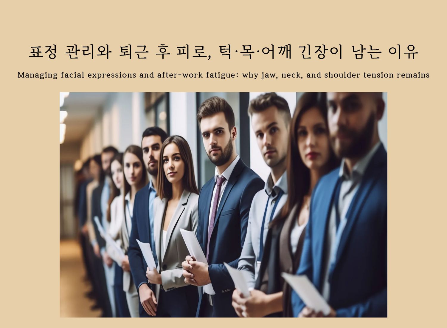 Office workers waiting in line, representing after-work fatigue and jaw, neck, and shoulder tension