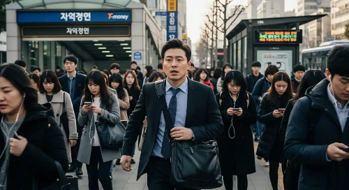 출근길 도심 사람들 사이로 힘겹게 뛰어가고 있는 남성 모습