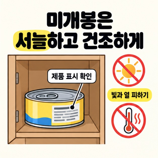 수납장 안의 미개봉 참치캔에서 제품 표시를 확인하고 햇빛과 열을 피하도록 안내한 보관 그림