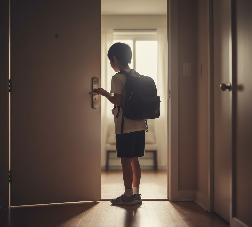 학교에서 돌아와 현관문을 열고 잠시 멈춰 선 초등학생의 뒷모습
