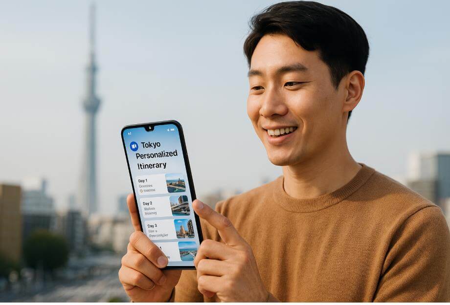 도쿄 일정이 표시된 스마트폰을 들고 있는 여행자 모습