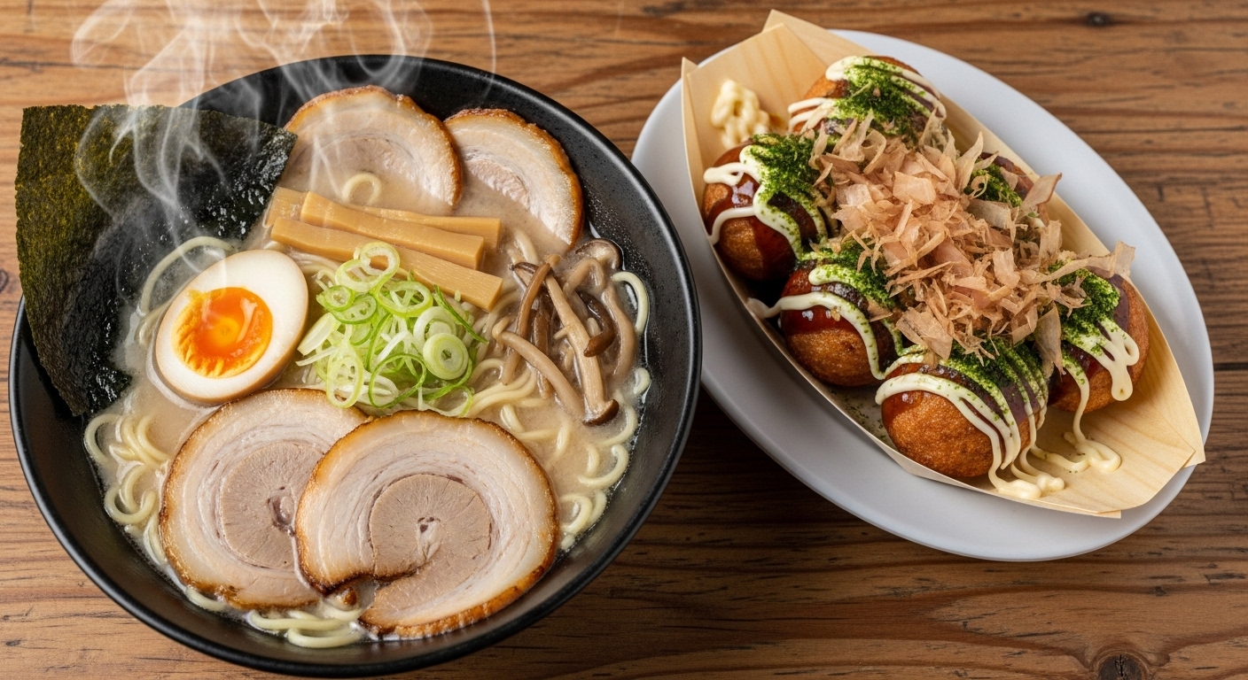 후쿠오카의 돈코츠 라멘과 오사카의 타코야끼를 나란히 보여주는 일본 음식 비교 이미지