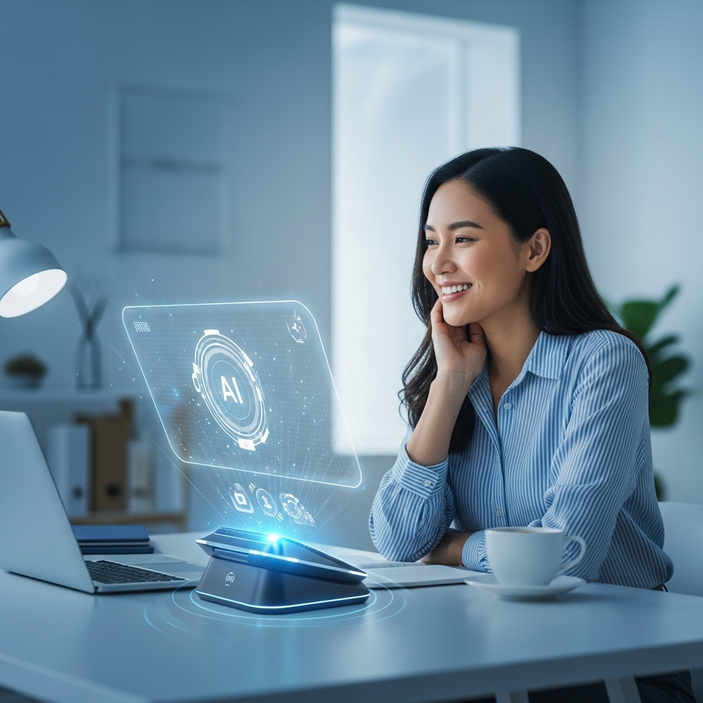 2025년 AI 개인화 비서가 현대적인 홈 오피스에서 밝게 웃는 여성의 스케줄과 문서를 효율적으로 관리하며 생산성을 높이는 모습.